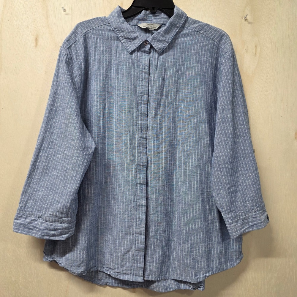 Hester & Orchard Blue Pinstripe Linen Blend Button Down Shirt XL 3/4 Sleeve